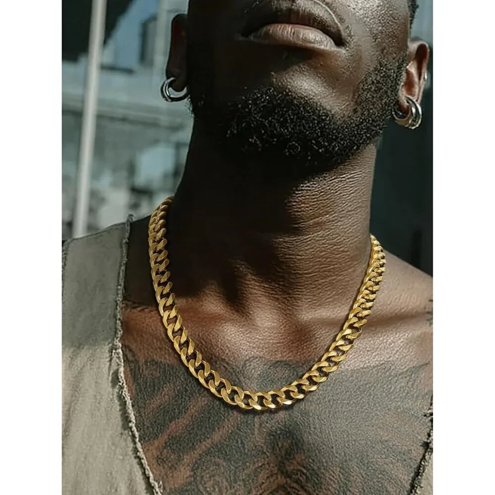 Men's 12MM Width-Gold Stainless Steel Miami Cuban Curb Link Chain Necklace